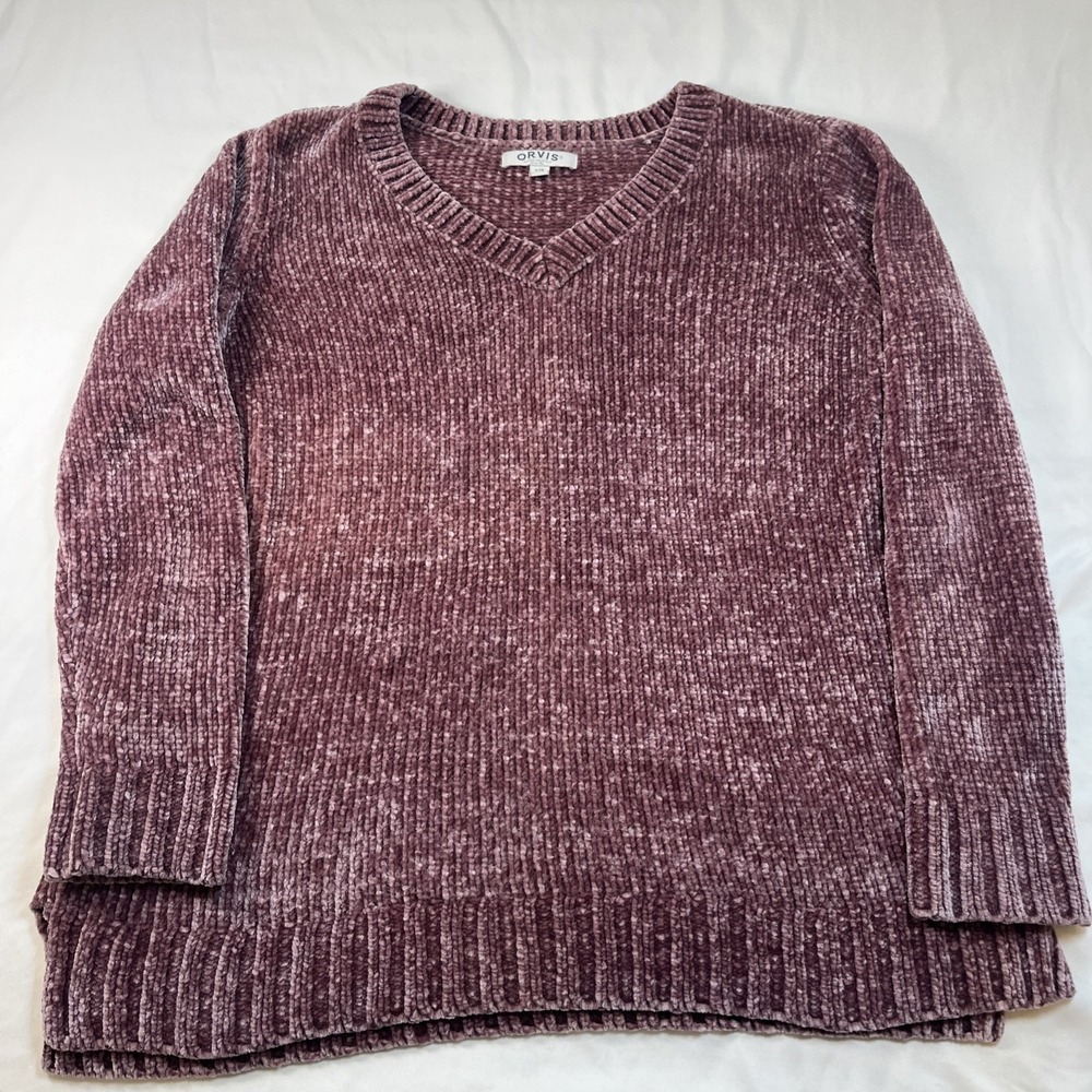 Orvis Womens Sweater Large Mauve Chenille V Neck Long Sleeve Velvety Soft Tunic